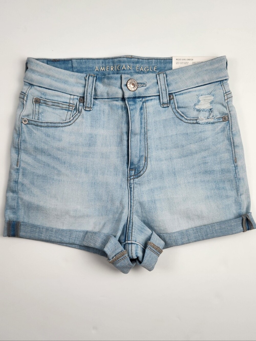 American Eagle Curvy Hi-Rise Shortie Shorts NWT Size 4 Light Wash Stretch
